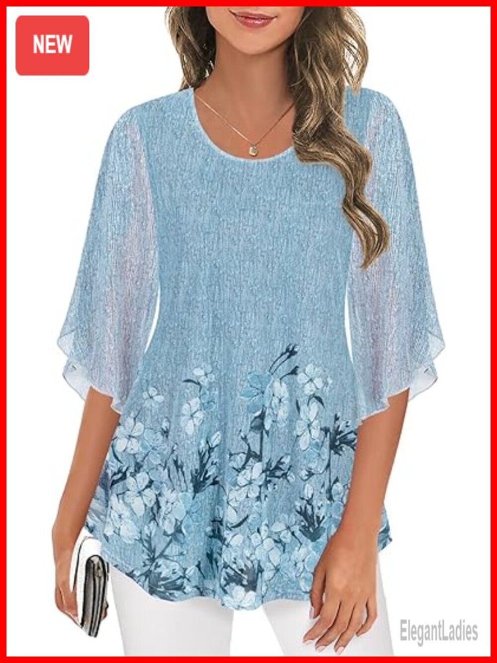 Double Layer Mesh Tunic 3/4 Sleeve Blouse Dressy Casual